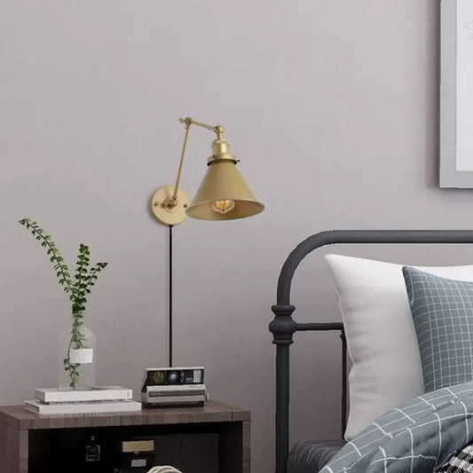 Conical Bedside Wall Reading Lamp Antique Metallic 1 Bulb Brass Plug-in/Plug-less Wall Mounted Light with Swing Arm Brass A Clearhalo 'Art deco wall lights' 'Cast Iron' 'Glass' 'Industrial wall lights' 'Industrial' 'Middle century wall lights' 'Modern' 'Rustic wall lights' 'Tiffany' 'Traditional wall lights' 'Wall Lamps & Sconces' 'Wall Lights' Lighting' 1917896