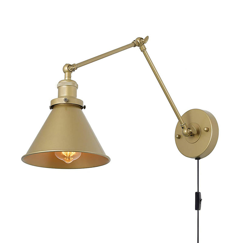 Conical Bedside Wall Reading Lamp Antique Metallic 1 Bulb Brass Plug-in/Plug-less Wall Mounted Light with Swing Arm Clearhalo 'Art deco wall lights' 'Cast Iron' 'Glass' 'Industrial wall lights' 'Industrial' 'Middle century wall lights' 'Modern' 'Rustic wall lights' 'Tiffany' 'Traditional wall lights' 'Wall Lamps & Sconces' 'Wall Lights' Lighting' 1917897