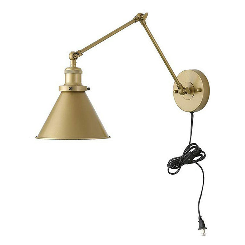 Conical Bedside Wall Reading Lamp Antique Metallic 1 Bulb Brass Plug-in/Plug-less Wall Mounted Light with Swing Arm Clearhalo 'Art deco wall lights' 'Cast Iron' 'Glass' 'Industrial wall lights' 'Industrial' 'Middle century wall lights' 'Modern' 'Rustic wall lights' 'Tiffany' 'Traditional wall lights' 'Wall Lamps & Sconces' 'Wall Lights' Lighting' 1917898