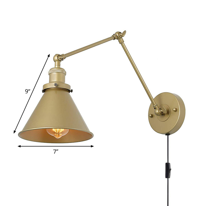 Conical Bedside Wall Reading Lamp Antique Metallic 1 Bulb Brass Plug-in/Plug-less Wall Mounted Light with Swing Arm Clearhalo 'Art deco wall lights' 'Cast Iron' 'Glass' 'Industrial wall lights' 'Industrial' 'Middle century wall lights' 'Modern' 'Rustic wall lights' 'Tiffany' 'Traditional wall lights' 'Wall Lamps & Sconces' 'Wall Lights' Lighting' 1917899