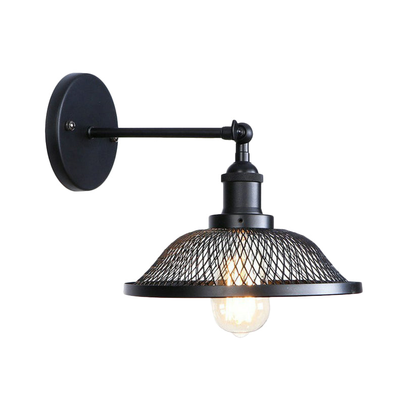 Adjustable 1 Head Wall Lamp Vintage Living Room Wall Mount Lighting with Saucer Shade/Mesh Cage/Shadeless Design in Black Clearhalo 'Art deco wall lights' 'Cast Iron' 'Glass' 'Industrial wall lights' 'Industrial' 'Middle century wall lights' 'Modern' 'Rustic wall lights' 'Tiffany' 'Traditional wall lights' 'Wall Lamps & Sconces' 'Wall Lights' Lighting' 1917934