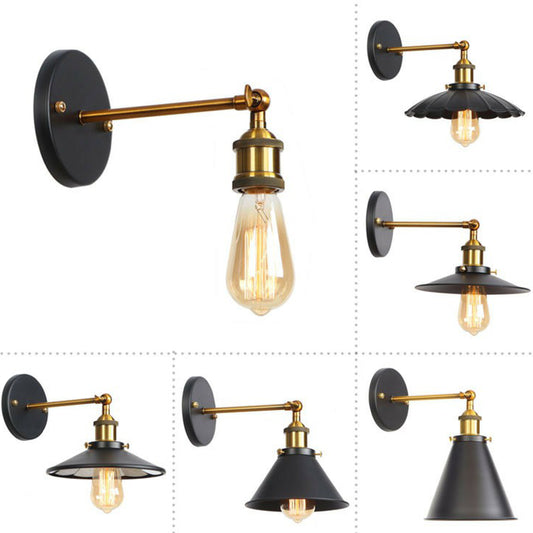 1-Light Wall Mount Light Industrial Metal Horn/Saucer/Open Bulb Design Rotatable Wall Lamp in Black with Brass Linear Arm Black A Clearhalo 'Art deco wall lights' 'Cast Iron' 'Glass' 'Industrial wall lights' 'Industrial' 'Middle century wall lights' 'Modern' 'Rustic wall lights' 'Tiffany' 'Traditional wall lights' 'Wall Lamps & Sconces' 'Wall Lights' Lighting' 1917936