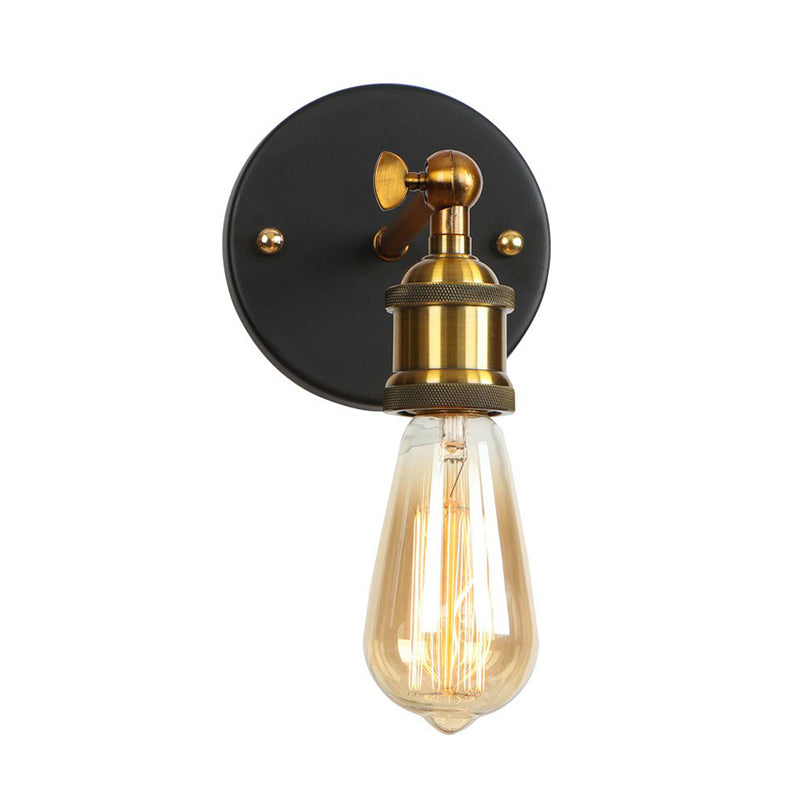 1-Light Wall Mount Light Industrial Metal Horn/Saucer/Open Bulb Design Rotatable Wall Lamp in Black with Brass Linear Arm Clearhalo 'Art deco wall lights' 'Cast Iron' 'Glass' 'Industrial wall lights' 'Industrial' 'Middle century wall lights' 'Modern' 'Rustic wall lights' 'Tiffany' 'Traditional wall lights' 'Wall Lamps & Sconces' 'Wall Lights' Lighting' 1917937