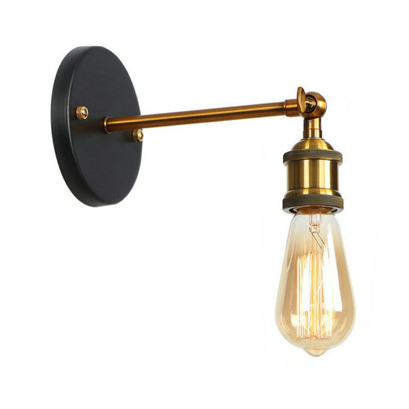 1-Light Wall Mount Light Industrial Metal Horn/Saucer/Open Bulb Design Rotatable Wall Lamp in Black with Brass Linear Arm Clearhalo 'Art deco wall lights' 'Cast Iron' 'Glass' 'Industrial wall lights' 'Industrial' 'Middle century wall lights' 'Modern' 'Rustic wall lights' 'Tiffany' 'Traditional wall lights' 'Wall Lamps & Sconces' 'Wall Lights' Lighting' 1917938