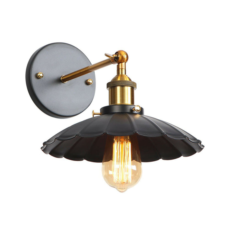 1-Light Wall Mount Light Industrial Metal Horn/Saucer/Open Bulb Design Rotatable Wall Lamp in Black with Brass Linear Arm Black B Clearhalo 'Art deco wall lights' 'Cast Iron' 'Glass' 'Industrial wall lights' 'Industrial' 'Middle century wall lights' 'Modern' 'Rustic wall lights' 'Tiffany' 'Traditional wall lights' 'Wall Lamps & Sconces' 'Wall Lights' Lighting' 1917940