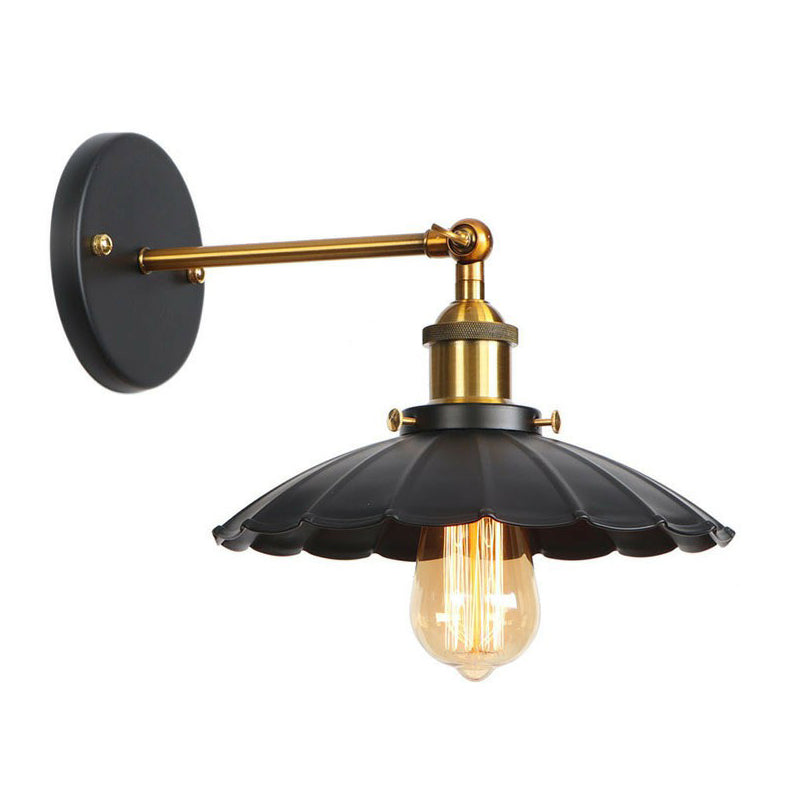 1-Light Wall Mount Light Industrial Metal Horn/Saucer/Open Bulb Design Rotatable Wall Lamp in Black with Brass Linear Arm Clearhalo 'Art deco wall lights' 'Cast Iron' 'Glass' 'Industrial wall lights' 'Industrial' 'Middle century wall lights' 'Modern' 'Rustic wall lights' 'Tiffany' 'Traditional wall lights' 'Wall Lamps & Sconces' 'Wall Lights' Lighting' 1917941