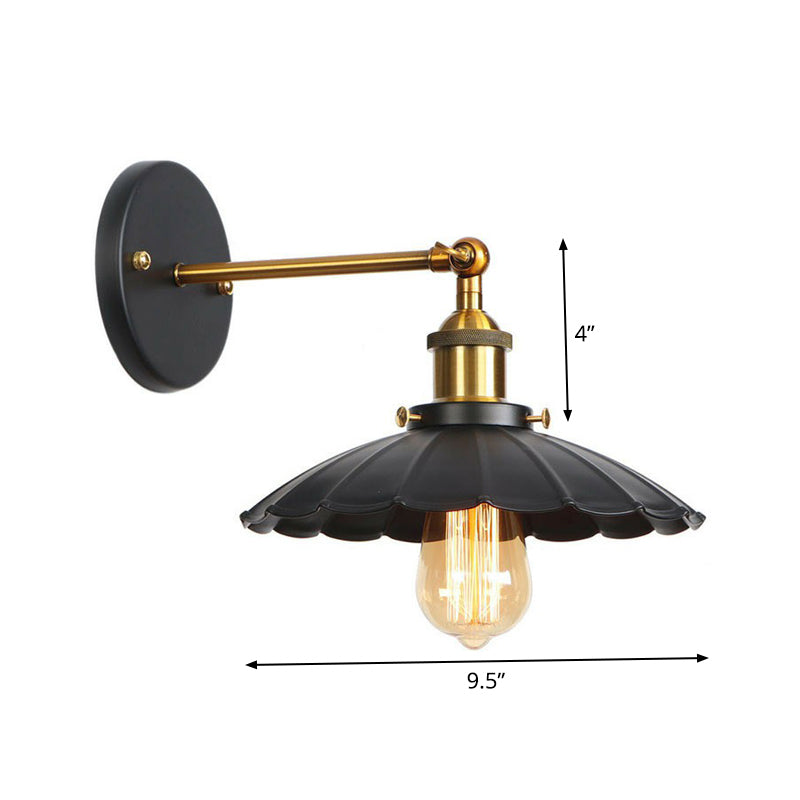 1-Light Wall Mount Light Industrial Metal Horn/Saucer/Open Bulb Design Rotatable Wall Lamp in Black with Brass Linear Arm Clearhalo 'Art deco wall lights' 'Cast Iron' 'Glass' 'Industrial wall lights' 'Industrial' 'Middle century wall lights' 'Modern' 'Rustic wall lights' 'Tiffany' 'Traditional wall lights' 'Wall Lamps & Sconces' 'Wall Lights' Lighting' 1917942