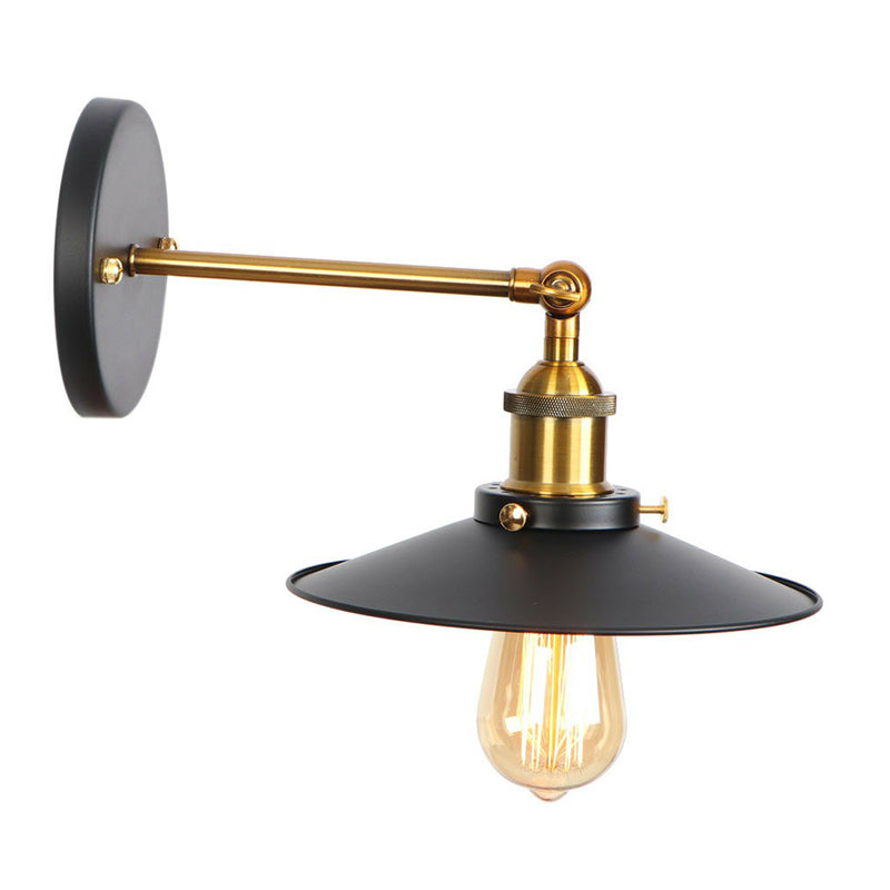 1-Light Wall Mount Light Industrial Metal Horn/Saucer/Open Bulb Design Rotatable Wall Lamp in Black with Brass Linear Arm Black C Clearhalo 'Art deco wall lights' 'Cast Iron' 'Glass' 'Industrial wall lights' 'Industrial' 'Middle century wall lights' 'Modern' 'Rustic wall lights' 'Tiffany' 'Traditional wall lights' 'Wall Lamps & Sconces' 'Wall Lights' Lighting' 1917943