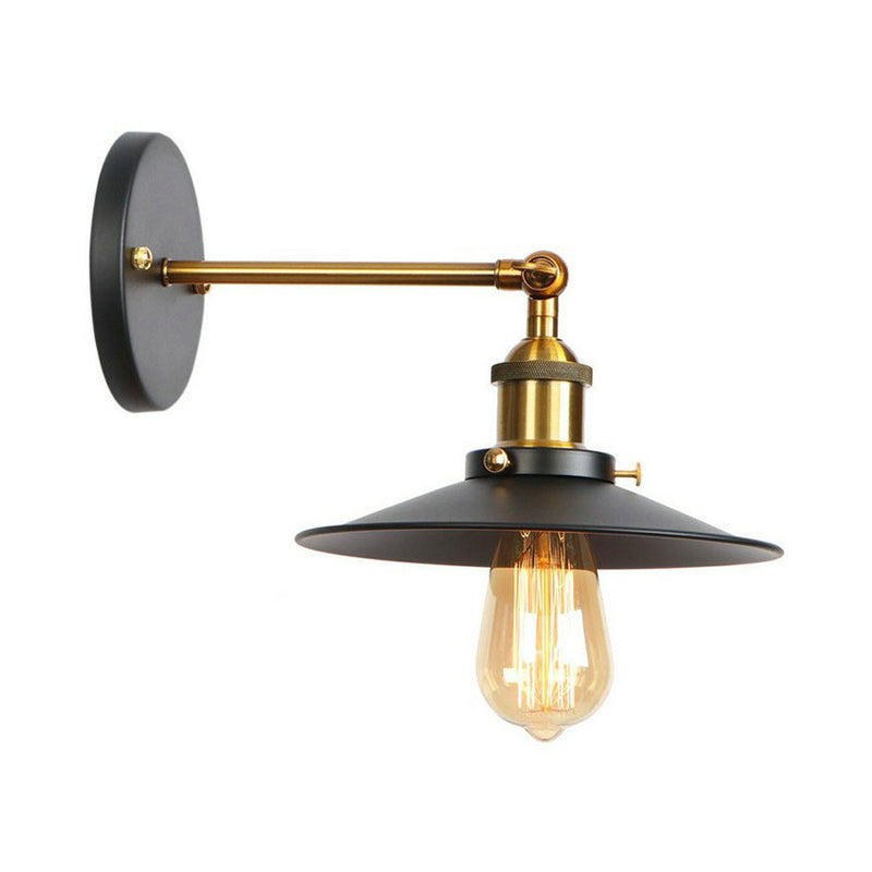 1-Light Wall Mount Light Industrial Metal Horn/Saucer/Open Bulb Design Rotatable Wall Lamp in Black with Brass Linear Arm Clearhalo 'Art deco wall lights' 'Cast Iron' 'Glass' 'Industrial wall lights' 'Industrial' 'Middle century wall lights' 'Modern' 'Rustic wall lights' 'Tiffany' 'Traditional wall lights' 'Wall Lamps & Sconces' 'Wall Lights' Lighting' 1917944