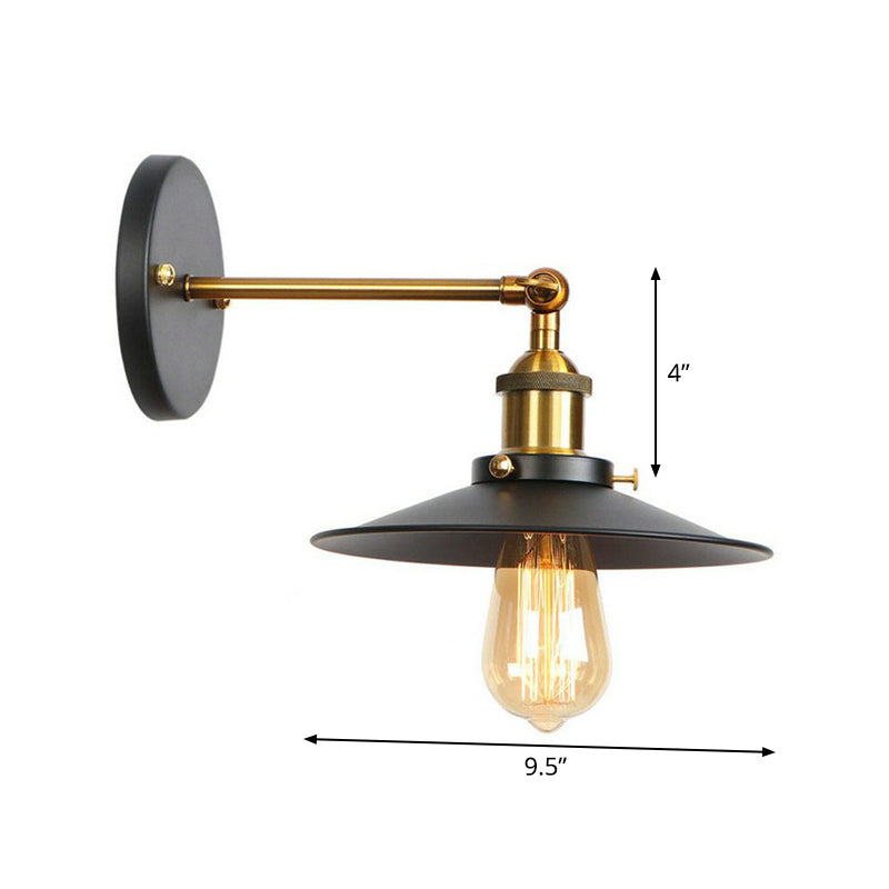 1-Light Wall Mount Light Industrial Metal Horn/Saucer/Open Bulb Design Rotatable Wall Lamp in Black with Brass Linear Arm Clearhalo 'Art deco wall lights' 'Cast Iron' 'Glass' 'Industrial wall lights' 'Industrial' 'Middle century wall lights' 'Modern' 'Rustic wall lights' 'Tiffany' 'Traditional wall lights' 'Wall Lamps & Sconces' 'Wall Lights' Lighting' 1917945