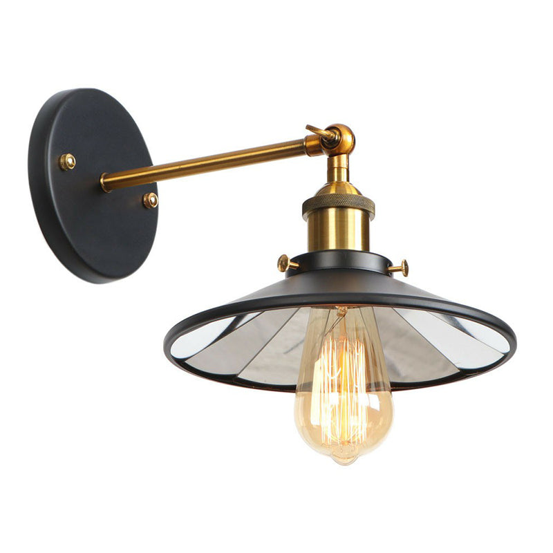 1-Light Wall Mount Light Industrial Metal Horn/Saucer/Open Bulb Design Rotatable Wall Lamp in Black with Brass Linear Arm Black D Clearhalo 'Art deco wall lights' 'Cast Iron' 'Glass' 'Industrial wall lights' 'Industrial' 'Middle century wall lights' 'Modern' 'Rustic wall lights' 'Tiffany' 'Traditional wall lights' 'Wall Lamps & Sconces' 'Wall Lights' Lighting' 1917946