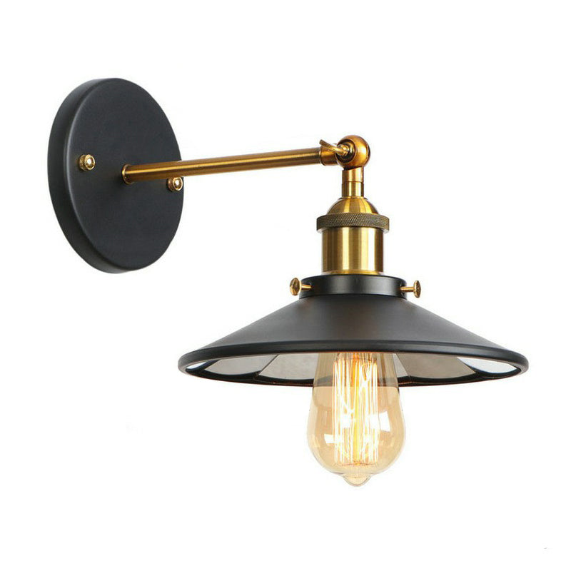 1-Light Wall Mount Light Industrial Metal Horn/Saucer/Open Bulb Design Rotatable Wall Lamp in Black with Brass Linear Arm Clearhalo 'Art deco wall lights' 'Cast Iron' 'Glass' 'Industrial wall lights' 'Industrial' 'Middle century wall lights' 'Modern' 'Rustic wall lights' 'Tiffany' 'Traditional wall lights' 'Wall Lamps & Sconces' 'Wall Lights' Lighting' 1917947