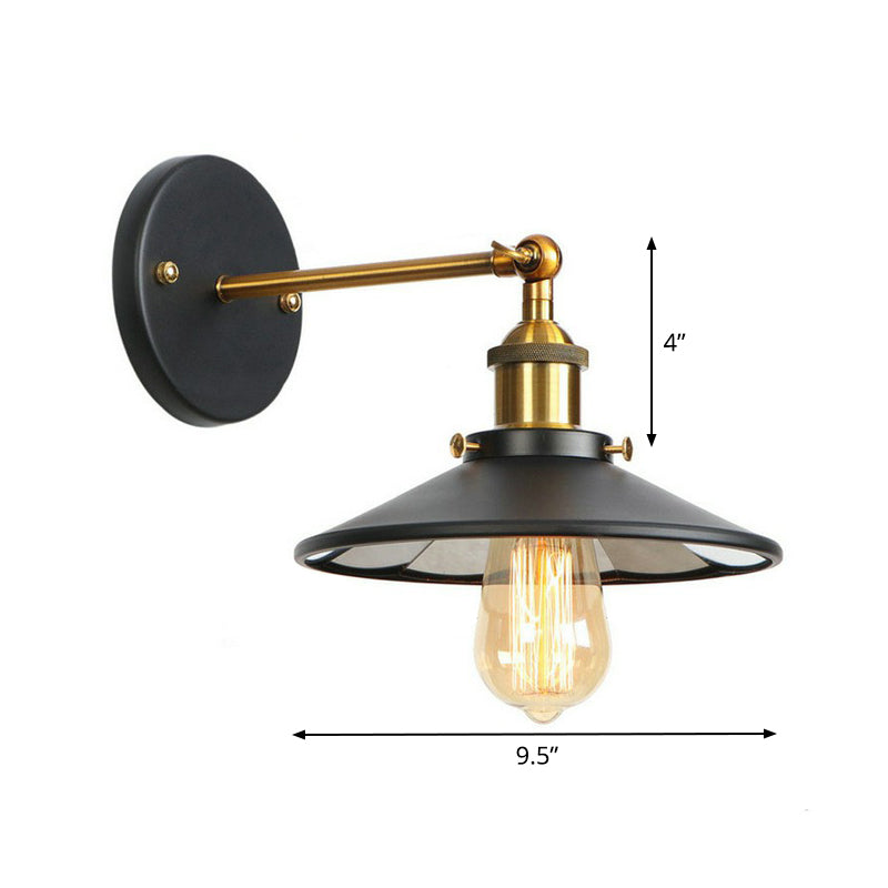1-Light Wall Mount Light Industrial Metal Horn/Saucer/Open Bulb Design Rotatable Wall Lamp in Black with Brass Linear Arm Clearhalo 'Art deco wall lights' 'Cast Iron' 'Glass' 'Industrial wall lights' 'Industrial' 'Middle century wall lights' 'Modern' 'Rustic wall lights' 'Tiffany' 'Traditional wall lights' 'Wall Lamps & Sconces' 'Wall Lights' Lighting' 1917948