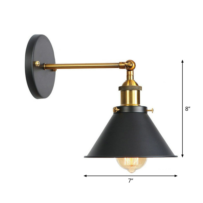 1-Light Wall Mount Light Industrial Metal Horn/Saucer/Open Bulb Design Rotatable Wall Lamp in Black with Brass Linear Arm Clearhalo 'Art deco wall lights' 'Cast Iron' 'Glass' 'Industrial wall lights' 'Industrial' 'Middle century wall lights' 'Modern' 'Rustic wall lights' 'Tiffany' 'Traditional wall lights' 'Wall Lamps & Sconces' 'Wall Lights' Lighting' 1917950
