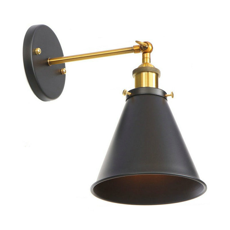 1-Light Wall Mount Light Industrial Metal Horn/Saucer/Open Bulb Design Rotatable Wall Lamp in Black with Brass Linear Arm Black F Clearhalo 'Art deco wall lights' 'Cast Iron' 'Glass' 'Industrial wall lights' 'Industrial' 'Middle century wall lights' 'Modern' 'Rustic wall lights' 'Tiffany' 'Traditional wall lights' 'Wall Lamps & Sconces' 'Wall Lights' Lighting' 1917951