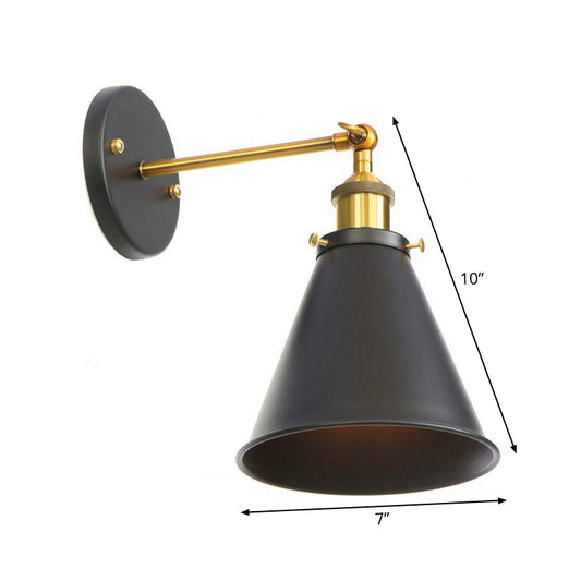 1-Light Wall Mount Light Industrial Metal Horn/Saucer/Open Bulb Design Rotatable Wall Lamp in Black with Brass Linear Arm Clearhalo 'Art deco wall lights' 'Cast Iron' 'Glass' 'Industrial wall lights' 'Industrial' 'Middle century wall lights' 'Modern' 'Rustic wall lights' 'Tiffany' 'Traditional wall lights' 'Wall Lamps & Sconces' 'Wall Lights' Lighting' 1917952