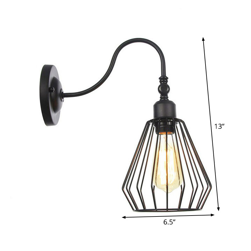Iron Black Gooseneck Wall Lamp Tube/Ball/Diamond Cage Single Factory Wall Mounted Lighting Fixture Clearhalo 'Art deco wall lights' 'Cast Iron' 'Glass' 'Industrial wall lights' 'Industrial' 'Middle century wall lights' 'Modern' 'Rustic wall lights' 'Tiffany' 'Traditional wall lights' 'Wall Lamps & Sconces' 'Wall Lights' Lighting' 1917958