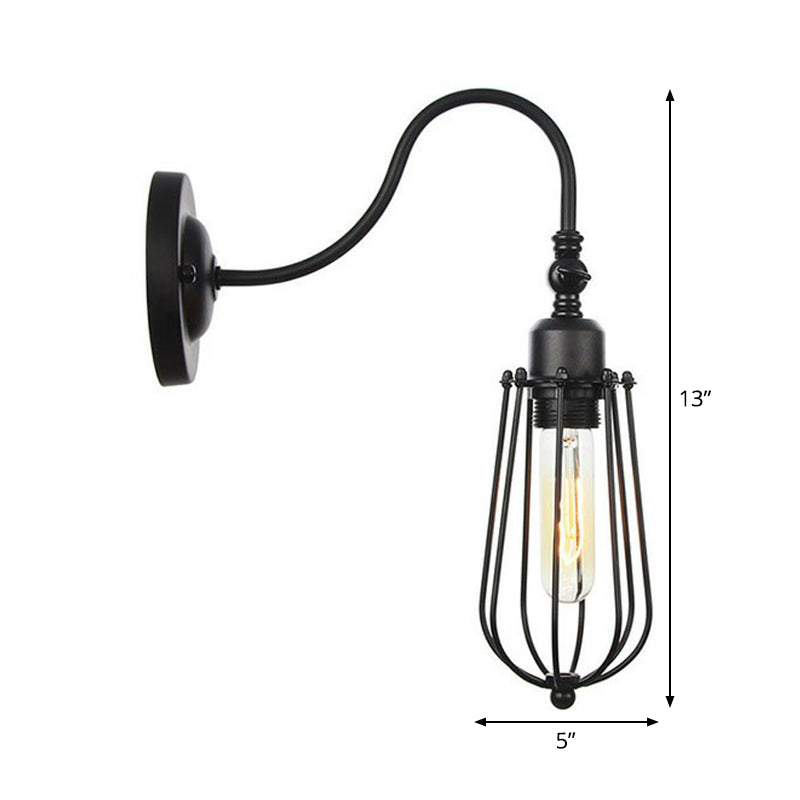 Iron Black Gooseneck Wall Lamp Tube/Ball/Diamond Cage Single Factory Wall Mounted Lighting Fixture Clearhalo 'Art deco wall lights' 'Cast Iron' 'Glass' 'Industrial wall lights' 'Industrial' 'Middle century wall lights' 'Modern' 'Rustic wall lights' 'Tiffany' 'Traditional wall lights' 'Wall Lamps & Sconces' 'Wall Lights' Lighting' 1917964