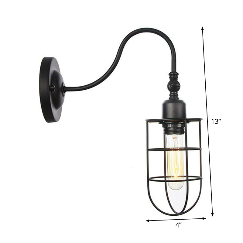 Iron Black Gooseneck Wall Lamp Tube/Ball/Diamond Cage Single Factory Wall Mounted Lighting Fixture Clearhalo 'Art deco wall lights' 'Cast Iron' 'Glass' 'Industrial wall lights' 'Industrial' 'Middle century wall lights' 'Modern' 'Rustic wall lights' 'Tiffany' 'Traditional wall lights' 'Wall Lamps & Sconces' 'Wall Lights' Lighting' 1917966