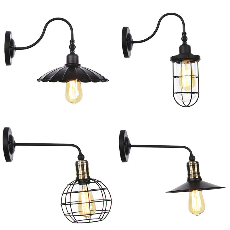 Rustic Bell/Sphere Cage/Flared Wall Light 1-Light Iron Wall Lamp Fixture in Black for Dinging Room Clearhalo 'Art deco wall lights' 'Cast Iron' 'Glass' 'Industrial wall lights' 'Industrial' 'Middle century wall lights' 'Modern' 'Rustic wall lights' 'Tiffany' 'Traditional wall lights' 'Wall Lamps & Sconces' 'Wall Lights' Lighting' 1917969