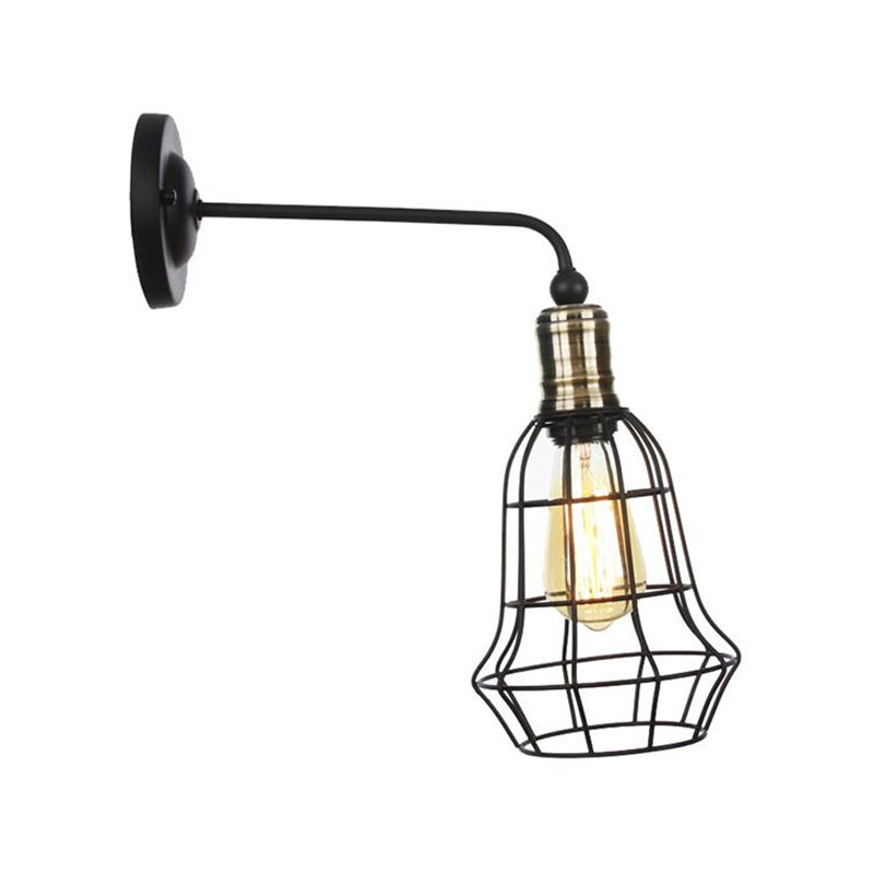 Rustic Bell/Sphere Cage/Flared Wall Light 1-Light Iron Wall Lamp Fixture in Black for Dinging Room Black D Clearhalo 'Art deco wall lights' 'Cast Iron' 'Glass' 'Industrial wall lights' 'Industrial' 'Middle century wall lights' 'Modern' 'Rustic wall lights' 'Tiffany' 'Traditional wall lights' 'Wall Lamps & Sconces' 'Wall Lights' Lighting' 1917978