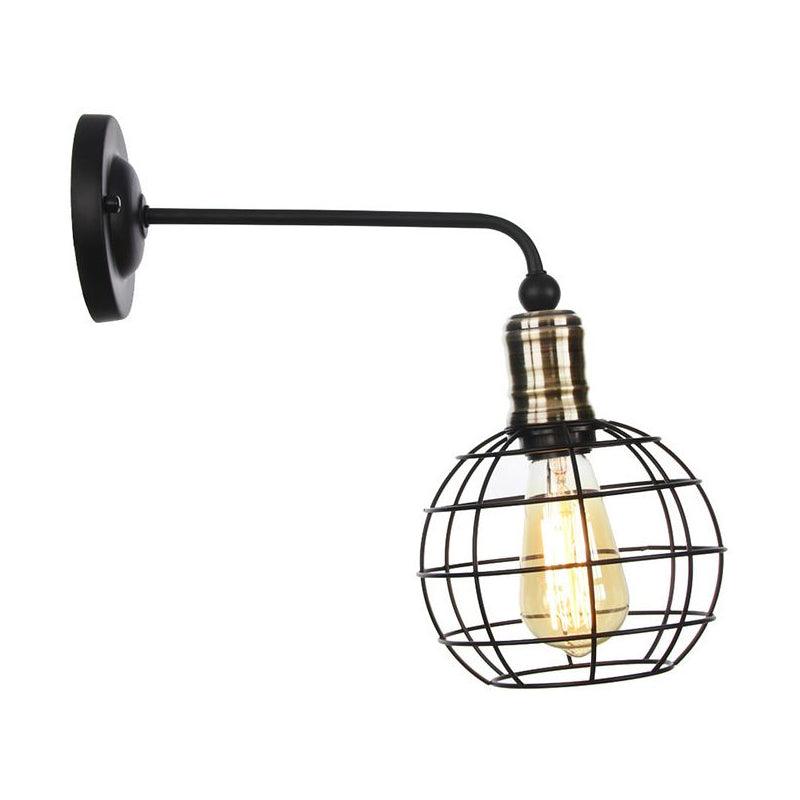 Rustic Bell/Sphere Cage/Flared Wall Light 1-Light Iron Wall Lamp Fixture in Black for Dinging Room Black F Clearhalo 'Art deco wall lights' 'Cast Iron' 'Glass' 'Industrial wall lights' 'Industrial' 'Middle century wall lights' 'Modern' 'Rustic wall lights' 'Tiffany' 'Traditional wall lights' 'Wall Lamps & Sconces' 'Wall Lights' Lighting' 1917982