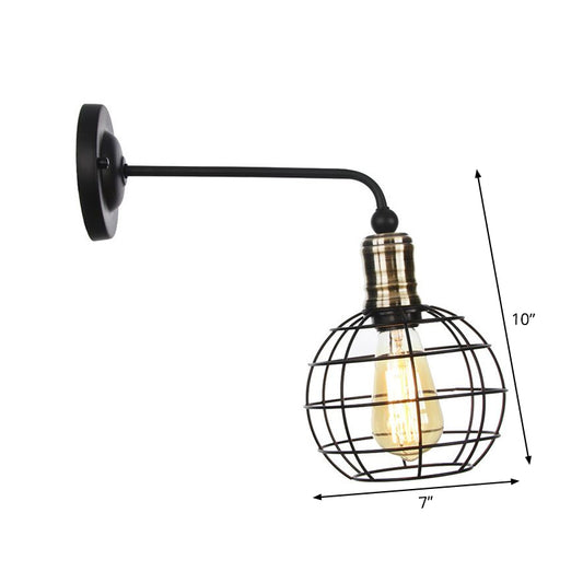 Rustic Bell/Sphere Cage/Flared Wall Light 1-Light Iron Wall Lamp Fixture in Black for Dinging Room Clearhalo 'Art deco wall lights' 'Cast Iron' 'Glass' 'Industrial wall lights' 'Industrial' 'Middle century wall lights' 'Modern' 'Rustic wall lights' 'Tiffany' 'Traditional wall lights' 'Wall Lamps & Sconces' 'Wall Lights' Lighting' 1917983
