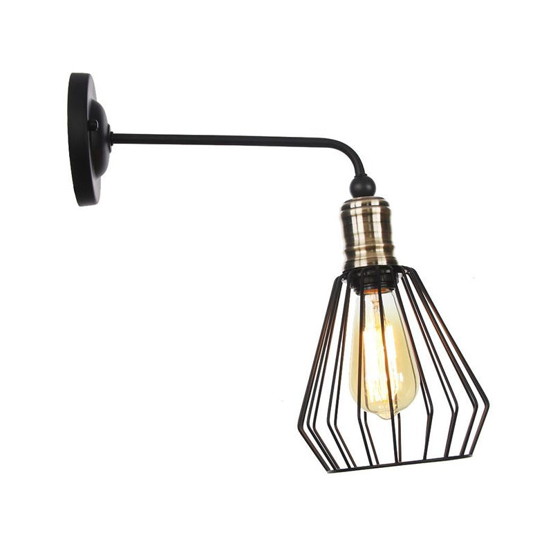 Rustic Bell/Sphere Cage/Flared Wall Light 1-Light Iron Wall Lamp Fixture in Black for Dinging Room Black H Clearhalo 'Art deco wall lights' 'Cast Iron' 'Glass' 'Industrial wall lights' 'Industrial' 'Middle century wall lights' 'Modern' 'Rustic wall lights' 'Tiffany' 'Traditional wall lights' 'Wall Lamps & Sconces' 'Wall Lights' Lighting' 1917986