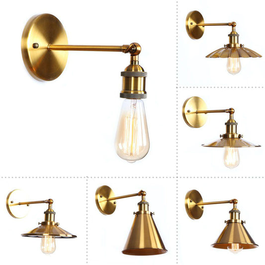 Iron Brass Finish Wall Light Fixture Scalloped/Horn/Cone 1-Light Factory Wall Mounted Lamp with Pivot Joint Brass A Clearhalo 'Art deco wall lights' 'Cast Iron' 'Glass' 'Industrial wall lights' 'Industrial' 'Middle century wall lights' 'Modern' 'Rustic wall lights' 'Tiffany' 'Traditional wall lights' 'Wall Lamps & Sconces' 'Wall Lights' Lighting' 1917988