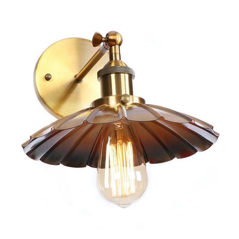 Iron Brass Finish Wall Light Fixture Scalloped/Horn/Cone 1-Light Factory Wall Mounted Lamp with Pivot Joint Brass B Clearhalo 'Art deco wall lights' 'Cast Iron' 'Glass' 'Industrial wall lights' 'Industrial' 'Middle century wall lights' 'Modern' 'Rustic wall lights' 'Tiffany' 'Traditional wall lights' 'Wall Lamps & Sconces' 'Wall Lights' Lighting' 1917992