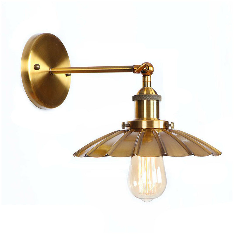 Iron Brass Finish Wall Light Fixture Scalloped/Horn/Cone 1-Light Factory Wall Mounted Lamp with Pivot Joint Clearhalo 'Art deco wall lights' 'Cast Iron' 'Glass' 'Industrial wall lights' 'Industrial' 'Middle century wall lights' 'Modern' 'Rustic wall lights' 'Tiffany' 'Traditional wall lights' 'Wall Lamps & Sconces' 'Wall Lights' Lighting' 1917993