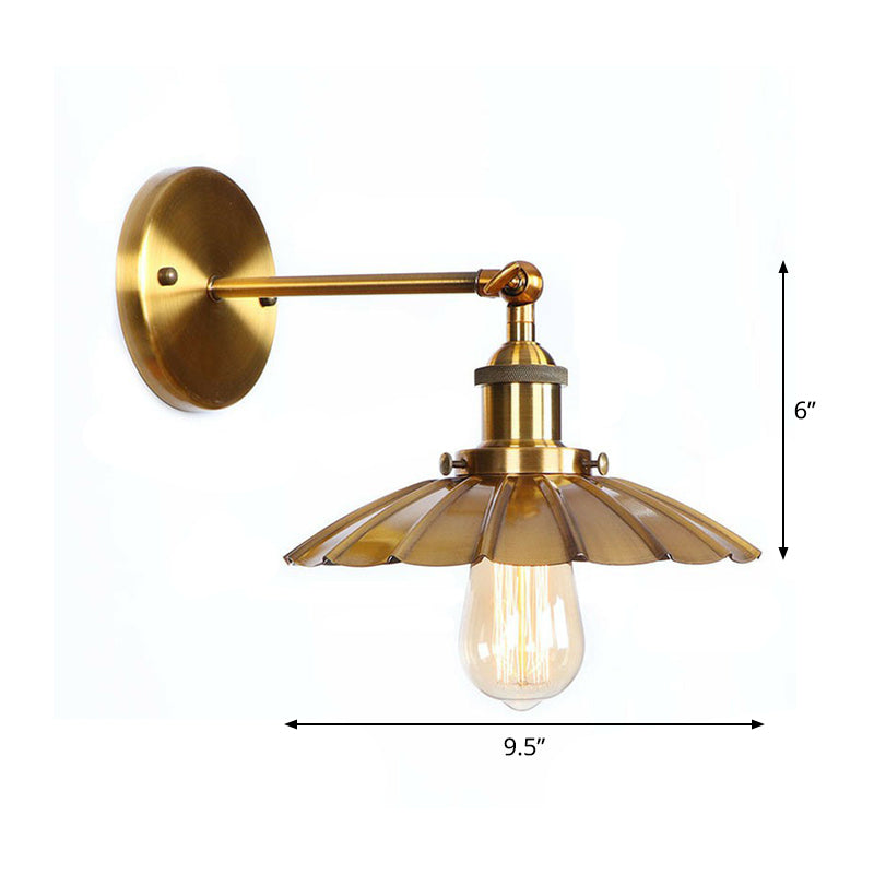 Iron Brass Finish Wall Light Fixture Scalloped/Horn/Cone 1-Light Factory Wall Mounted Lamp with Pivot Joint Clearhalo 'Art deco wall lights' 'Cast Iron' 'Glass' 'Industrial wall lights' 'Industrial' 'Middle century wall lights' 'Modern' 'Rustic wall lights' 'Tiffany' 'Traditional wall lights' 'Wall Lamps & Sconces' 'Wall Lights' Lighting' 1917994