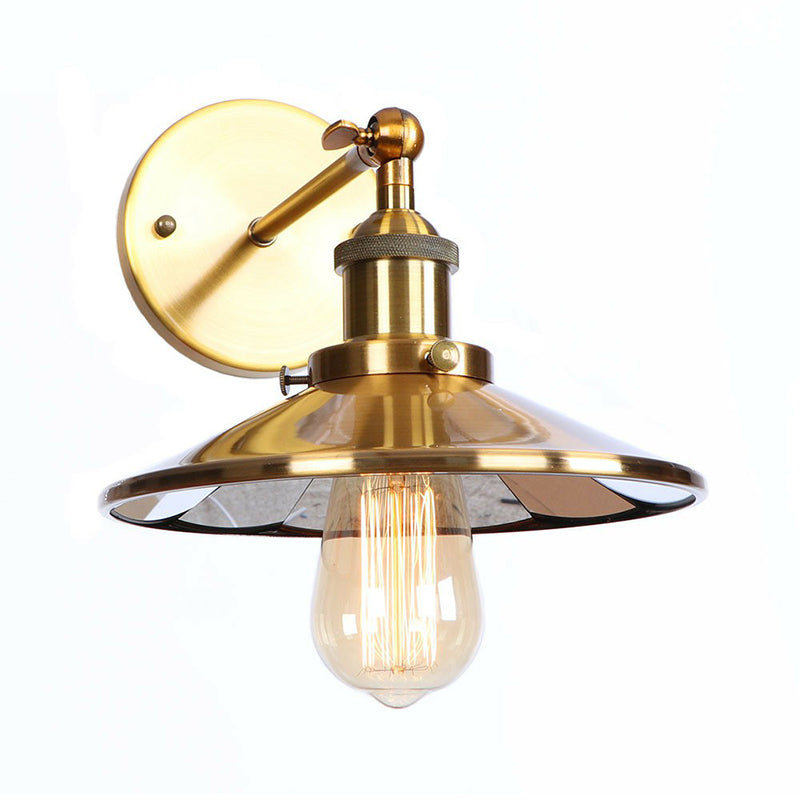 Iron Brass Finish Wall Light Fixture Scalloped/Horn/Cone 1-Light Factory Wall Mounted Lamp with Pivot Joint Brass D Clearhalo 'Art deco wall lights' 'Cast Iron' 'Glass' 'Industrial wall lights' 'Industrial' 'Middle century wall lights' 'Modern' 'Rustic wall lights' 'Tiffany' 'Traditional wall lights' 'Wall Lamps & Sconces' 'Wall Lights' Lighting' 1917998