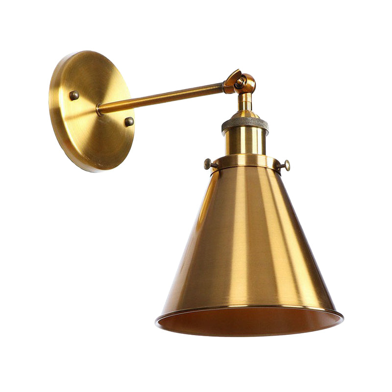 Iron Brass Finish Wall Light Fixture Scalloped/Horn/Cone 1-Light Factory Wall Mounted Lamp with Pivot Joint Brass E Clearhalo 'Art deco wall lights' 'Cast Iron' 'Glass' 'Industrial wall lights' 'Industrial' 'Middle century wall lights' 'Modern' 'Rustic wall lights' 'Tiffany' 'Traditional wall lights' 'Wall Lamps & Sconces' 'Wall Lights' Lighting' 1918001