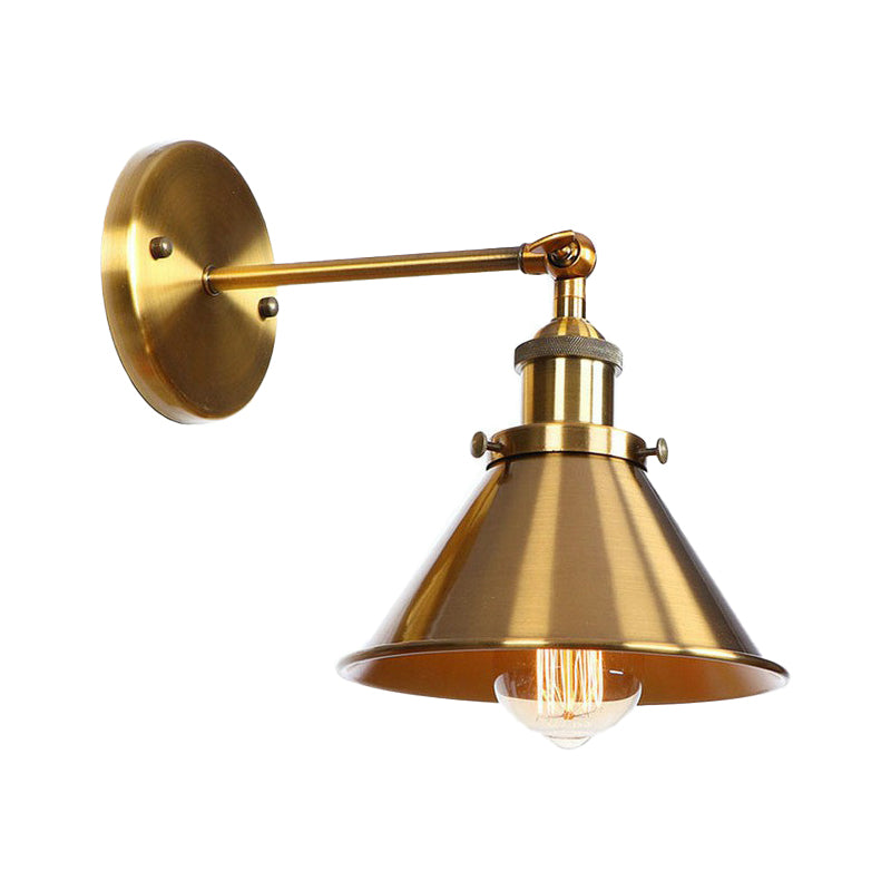 Iron Brass Finish Wall Light Fixture Scalloped/Horn/Cone 1-Light Factory Wall Mounted Lamp with Pivot Joint Brass F Clearhalo 'Art deco wall lights' 'Cast Iron' 'Glass' 'Industrial wall lights' 'Industrial' 'Middle century wall lights' 'Modern' 'Rustic wall lights' 'Tiffany' 'Traditional wall lights' 'Wall Lamps & Sconces' 'Wall Lights' Lighting' 1918003