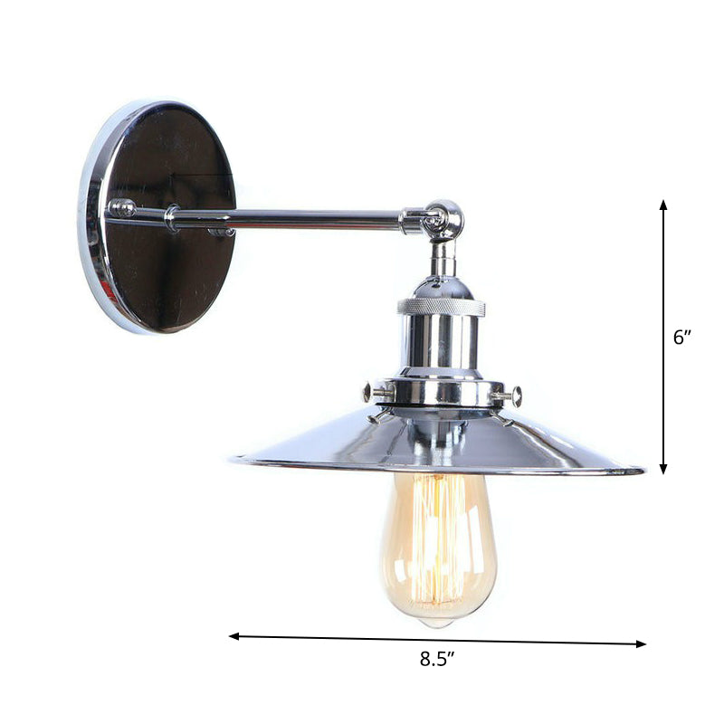 Chrome Finish 1-Light Wall Light Kit Industrial Iron Cone/Saucer/Shadeless Swivelable Reading Wall Lamp Clearhalo 'Art deco wall lights' 'Cast Iron' 'Glass' 'Industrial wall lights' 'Industrial' 'Middle century wall lights' 'Modern' 'Rustic wall lights' 'Tiffany' 'Traditional wall lights' 'Wall Lamps & Sconces' 'Wall Lights' Lighting' 1918010