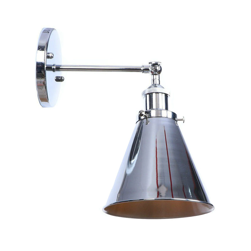 Chrome Finish 1-Light Wall Light Kit Industrial Iron Cone/Saucer/Shadeless Swivelable Reading Wall Lamp Clearhalo 'Art deco wall lights' 'Cast Iron' 'Glass' 'Industrial wall lights' 'Industrial' 'Middle century wall lights' 'Modern' 'Rustic wall lights' 'Tiffany' 'Traditional wall lights' 'Wall Lamps & Sconces' 'Wall Lights' Lighting' 1918015