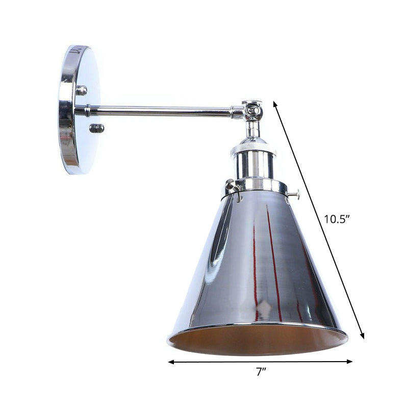 Chrome Finish 1-Light Wall Light Kit Industrial Iron Cone/Saucer/Shadeless Swivelable Reading Wall Lamp Clearhalo 'Art deco wall lights' 'Cast Iron' 'Glass' 'Industrial wall lights' 'Industrial' 'Middle century wall lights' 'Modern' 'Rustic wall lights' 'Tiffany' 'Traditional wall lights' 'Wall Lamps & Sconces' 'Wall Lights' Lighting' 1918016