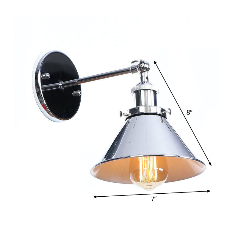 Chrome Finish 1-Light Wall Light Kit Industrial Iron Cone/Saucer/Shadeless Swivelable Reading Wall Lamp Clearhalo 'Art deco wall lights' 'Cast Iron' 'Glass' 'Industrial wall lights' 'Industrial' 'Middle century wall lights' 'Modern' 'Rustic wall lights' 'Tiffany' 'Traditional wall lights' 'Wall Lamps & Sconces' 'Wall Lights' Lighting' 1918019