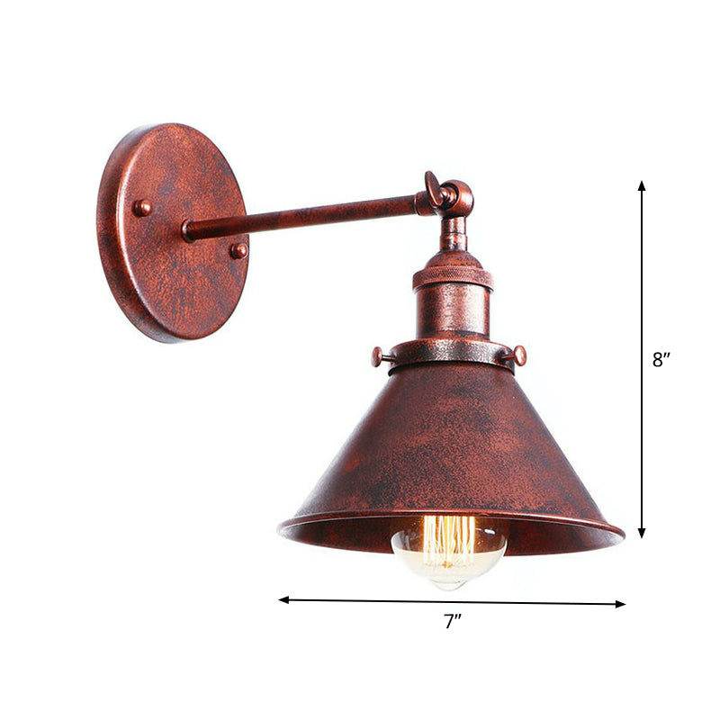 Single-Bulb Iron Rotating Wall Lamp Farmhouse Rust Mesh Bowl/Cone/Horn Living Room Wall Mount Lighting Fixture Clearhalo 'Art deco wall lights' 'Cast Iron' 'Glass' 'Industrial wall lights' 'Industrial' 'Middle century wall lights' 'Modern' 'Rustic wall lights' 'Tiffany' 'Traditional wall lights' 'Wall Lamps & Sconces' 'Wall Lights' Lighting' 1918033