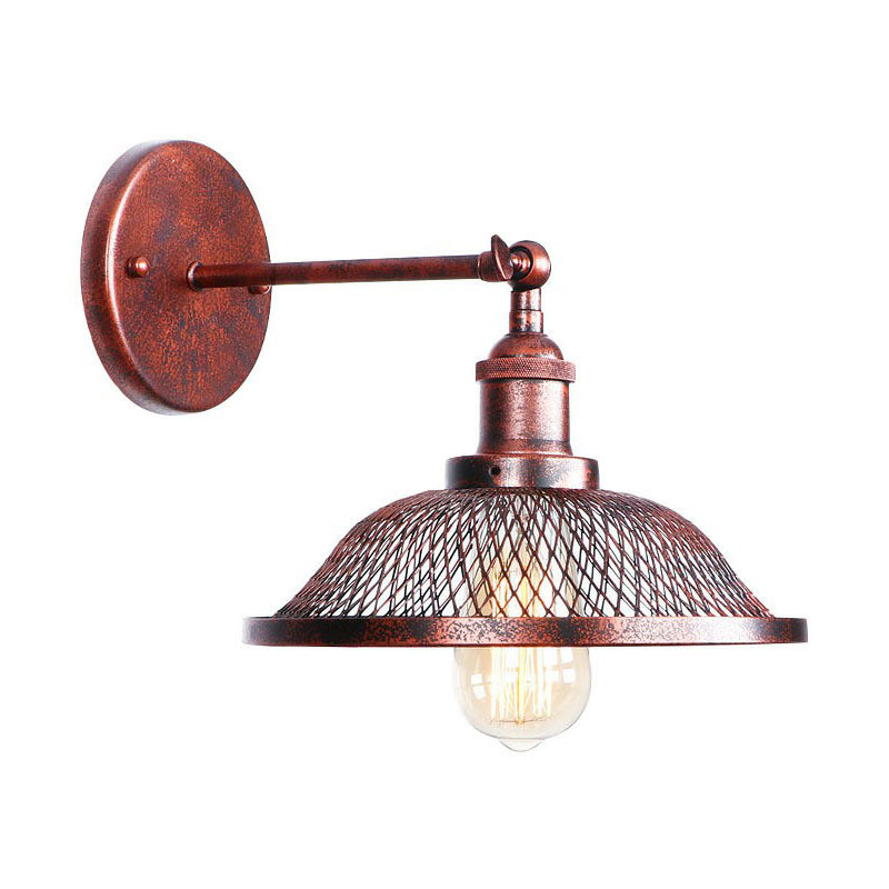Single-Bulb Iron Rotating Wall Lamp Farmhouse Rust Mesh Bowl/Cone/Horn Living Room Wall Mount Lighting Fixture Rust G Clearhalo 'Art deco wall lights' 'Cast Iron' 'Glass' 'Industrial wall lights' 'Industrial' 'Middle century wall lights' 'Modern' 'Rustic wall lights' 'Tiffany' 'Traditional wall lights' 'Wall Lamps & Sconces' 'Wall Lights' Lighting' 1918034