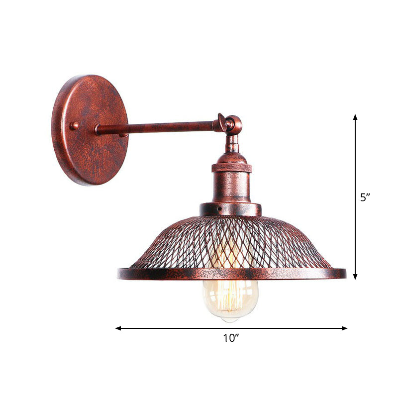 Single-Bulb Iron Rotating Wall Lamp Farmhouse Rust Mesh Bowl/Cone/Horn Living Room Wall Mount Lighting Fixture Clearhalo 'Art deco wall lights' 'Cast Iron' 'Glass' 'Industrial wall lights' 'Industrial' 'Middle century wall lights' 'Modern' 'Rustic wall lights' 'Tiffany' 'Traditional wall lights' 'Wall Lamps & Sconces' 'Wall Lights' Lighting' 1918035