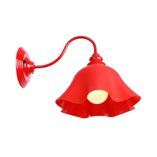 Red Gooseneck Wall Mounted Lamp Retro Metal 1 Bulb Bedside Wall Light Fixture with Ruffle/Cone Shade/Cage Clearhalo 'Art deco wall lights' 'Cast Iron' 'Glass' 'Industrial wall lights' 'Industrial' 'Middle century wall lights' 'Modern' 'Rustic wall lights' 'Tiffany' 'Traditional wall lights' 'Wall Lamps & Sconces' 'Wall Lights' Lighting' 1918058