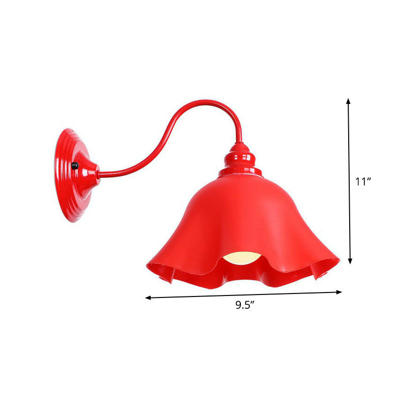 Red Gooseneck Wall Mounted Lamp Retro Metal 1 Bulb Bedside Wall Light Fixture with Ruffle/Cone Shade/Cage Clearhalo 'Art deco wall lights' 'Cast Iron' 'Glass' 'Industrial wall lights' 'Industrial' 'Middle century wall lights' 'Modern' 'Rustic wall lights' 'Tiffany' 'Traditional wall lights' 'Wall Lamps & Sconces' 'Wall Lights' Lighting' 1918059