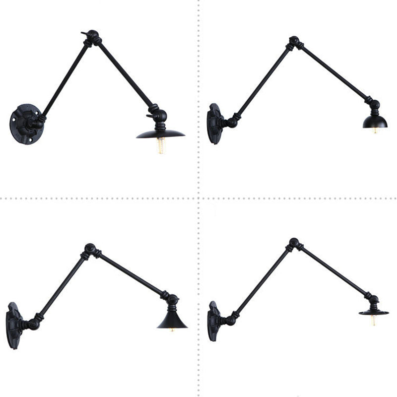 Extendable 2-Arm Iron Wall Light Warehouse 1-Light Studio Task Wall Lamp with Disc Shade in Black, 4"/12"/19.5" Long Clearhalo 'Art deco wall lights' 'Cast Iron' 'Glass' 'Industrial wall lights' 'Industrial' 'Middle century wall lights' 'Modern' 'Rustic wall lights' 'Tiffany' 'Traditional wall lights' 'Wall Lamps & Sconces' 'Wall Lights' Lighting' 1918060