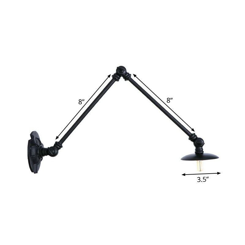 Extendable 2-Arm Iron Wall Light Warehouse 1-Light Studio Task Wall Lamp with Disc Shade in Black, 4"/12"/19.5" Long Clearhalo 'Art deco wall lights' 'Cast Iron' 'Glass' 'Industrial wall lights' 'Industrial' 'Middle century wall lights' 'Modern' 'Rustic wall lights' 'Tiffany' 'Traditional wall lights' 'Wall Lamps & Sconces' 'Wall Lights' Lighting' 1918065