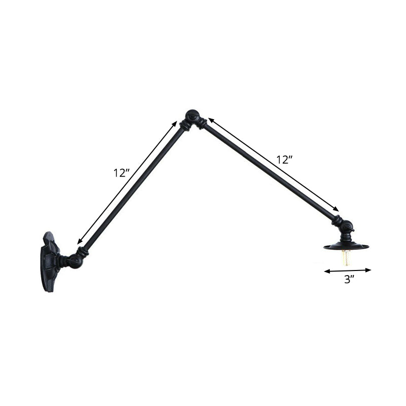 Extendable 2-Arm Iron Wall Light Warehouse 1-Light Studio Task Wall Lamp with Disc Shade in Black, 4"/12"/19.5" Long Clearhalo 'Art deco wall lights' 'Cast Iron' 'Glass' 'Industrial wall lights' 'Industrial' 'Middle century wall lights' 'Modern' 'Rustic wall lights' 'Tiffany' 'Traditional wall lights' 'Wall Lamps & Sconces' 'Wall Lights' Lighting' 1918067