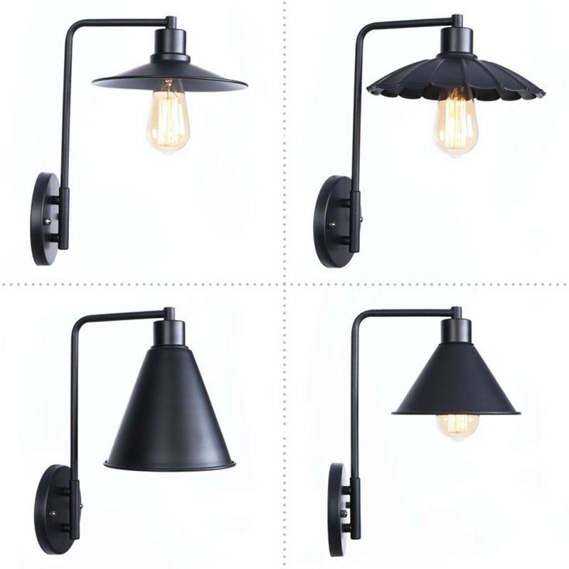 Black/White Square Arm Wall Light Fixture Loft Iron 1 Head Bedside Wall Mount Lamp with Cone/Flared/Scalloped Shade Clearhalo 'Art deco wall lights' 'Cast Iron' 'Glass' 'Industrial wall lights' 'Industrial' 'Middle century wall lights' 'Modern' 'Rustic wall lights' 'Tiffany' 'Traditional wall lights' 'Wall Lamps & Sconces' 'Wall Lights' Lighting' 1918072