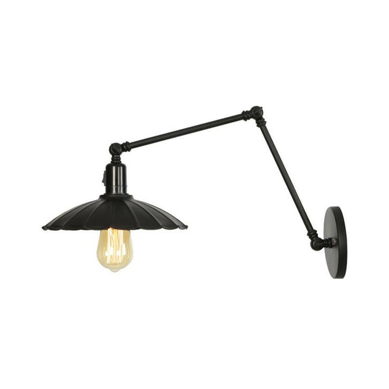 1-Light Iron Wall Light Industrial Black/White Cone/Saucer/Scalloped Bedroom Wall Mounted Lamp with Swing Arm Black A Clearhalo 'Art deco wall lights' 'Cast Iron' 'Glass' 'Industrial wall lights' 'Industrial' 'Middle century wall lights' 'Modern' 'Rustic wall lights' 'Tiffany' 'Traditional wall lights' 'Wall Lamps & Sconces' 'Wall Lights' Lighting' 1918092