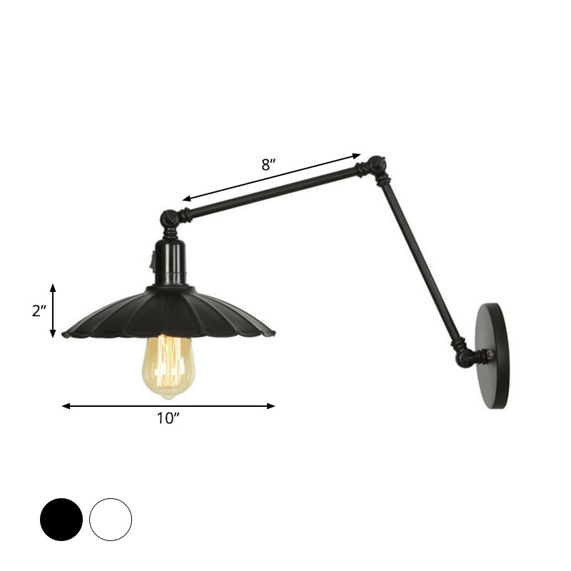 1-Light Iron Wall Light Industrial Black/White Cone/Saucer/Scalloped Bedroom Wall Mounted Lamp with Swing Arm Clearhalo 'Art deco wall lights' 'Cast Iron' 'Glass' 'Industrial wall lights' 'Industrial' 'Middle century wall lights' 'Modern' 'Rustic wall lights' 'Tiffany' 'Traditional wall lights' 'Wall Lamps & Sconces' 'Wall Lights' Lighting' 1918093